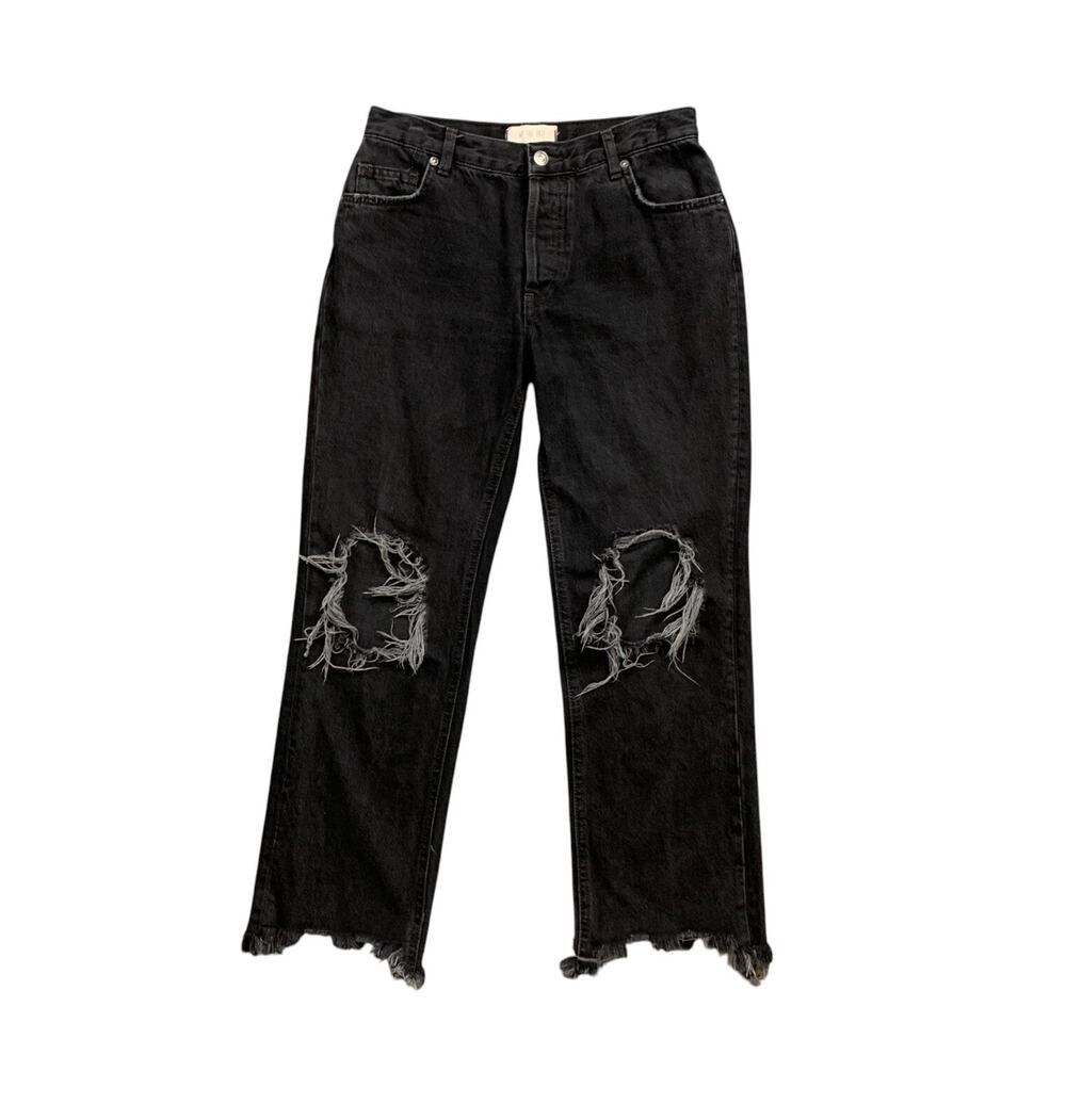 We The Free People Jeans‎ Womens 26 Black Maggie Straight Distressed Button Fly